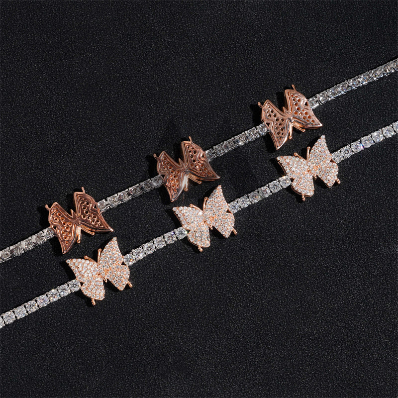 Розовое золото, двухцветное серебро 925 пробы, женская теннисная цепочка из муассанита 3 мм с бабочкой