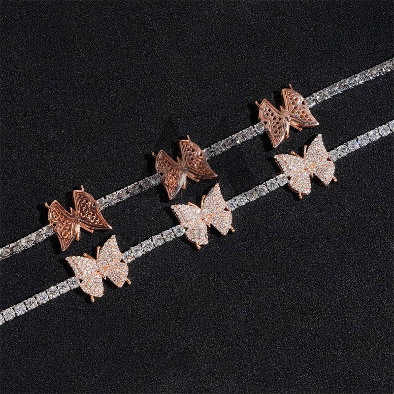 Rose Gold Two Tone Silver 925 Women 3MM Moissanite Tennis Link Chain With Butterfly Hip Hop Jewelry3