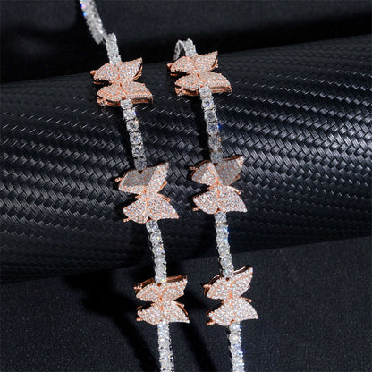 Rose Gold Two Tone Silver 925 Women 3MM Moissanite Tennis Link Chain With Butterfly