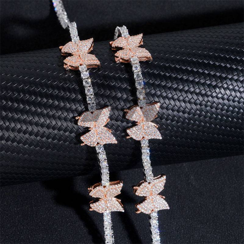 Rose Gold Two Tone Silver 925 Women 3MM Moissanite Tennis Link Chain With Butterfly Hip Hop Jewelry4