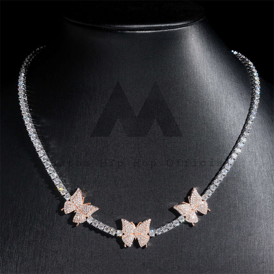 Corrente de ligação de tênis moissanite feminina 3mm prata 925 em ouro rosa com dois tons e borboleta