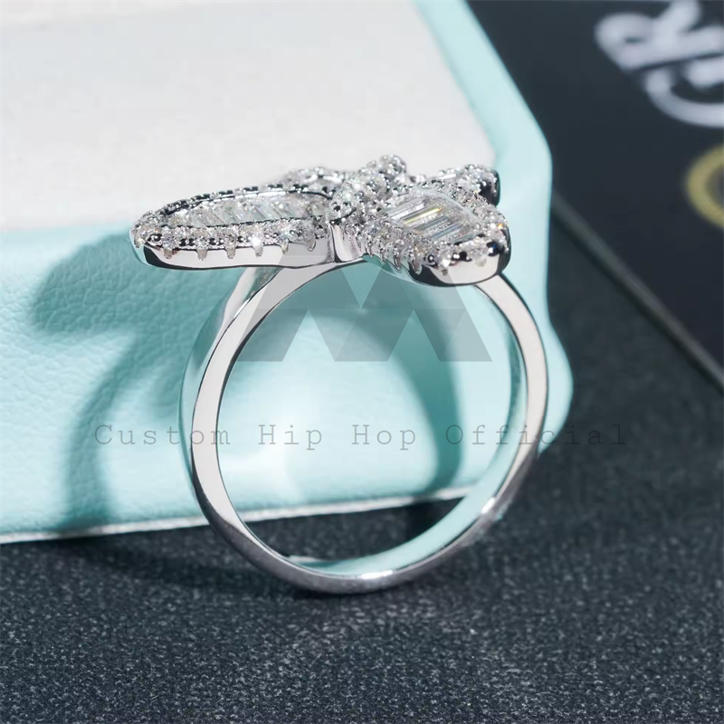 Hip hop jewelry Mothers Day gift 925 sterling silver micro pave baguette diamond butterfly ring with moissanite4