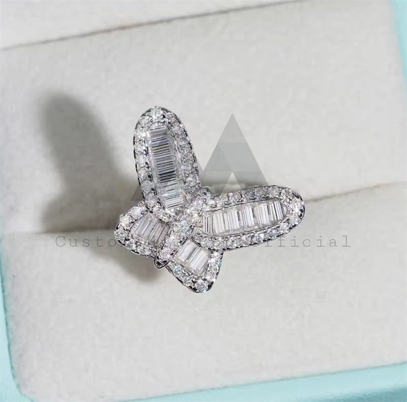 Mothers Day Gift 925 Sterling Silver Micro Pave Baguette Diamond Design Women Butterfly Ring With Moissanite Diamond