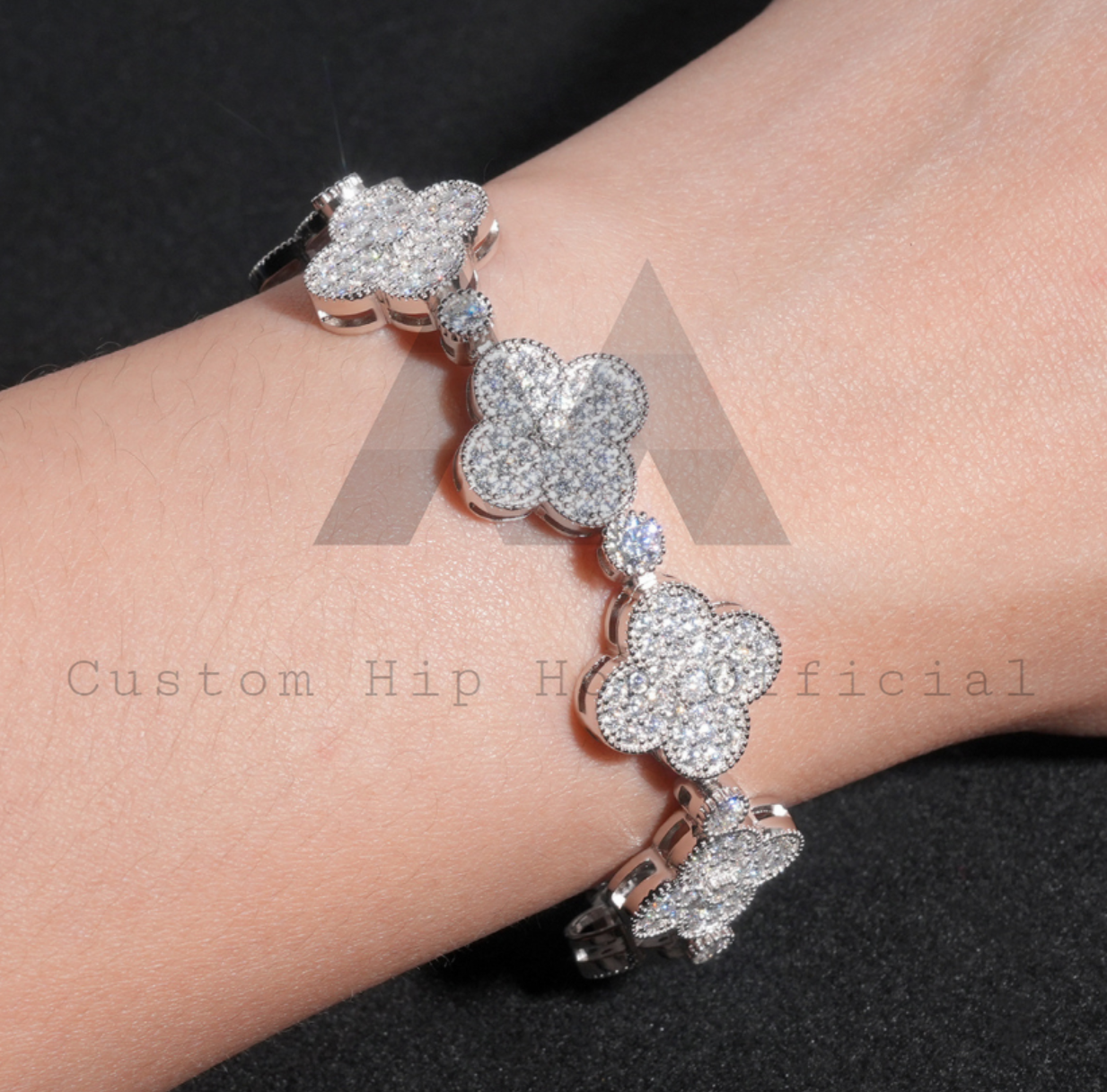 13MM Width Fully Iced Clover Link Bracelet Solid Silver 925 VVS Moissanite Diamond