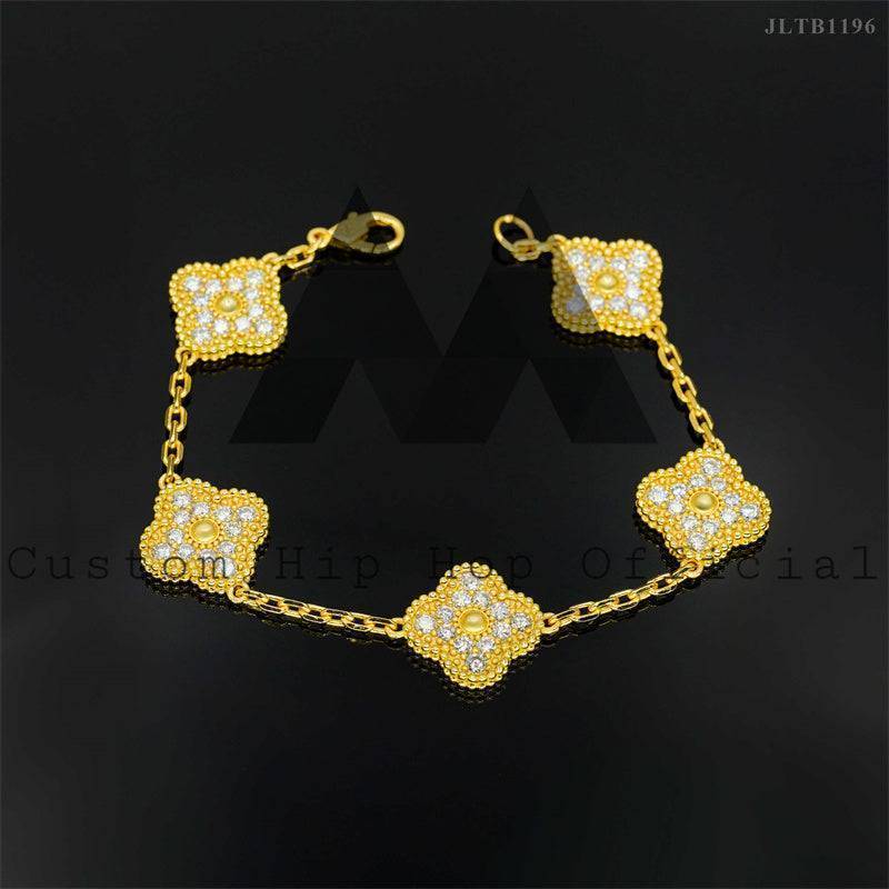 Stylish Sterling Silver 925 Moissanite Diamond Iced Out Clover Bracelet in White Gold and Yellow Gold Hip Hop Jewelry