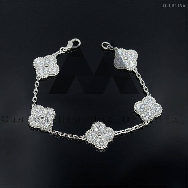 Stylish Sterling Silver 925 Moissanite Diamond Iced Out Clover Bracelet in White Gold and Yellow Gold Hip Hop Jewelry