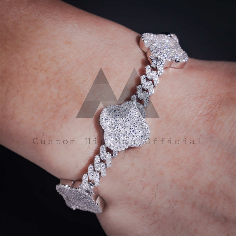 Solid Silver 6MM Cuban With Clover Iced Out Bracelet Moissanite Diamond