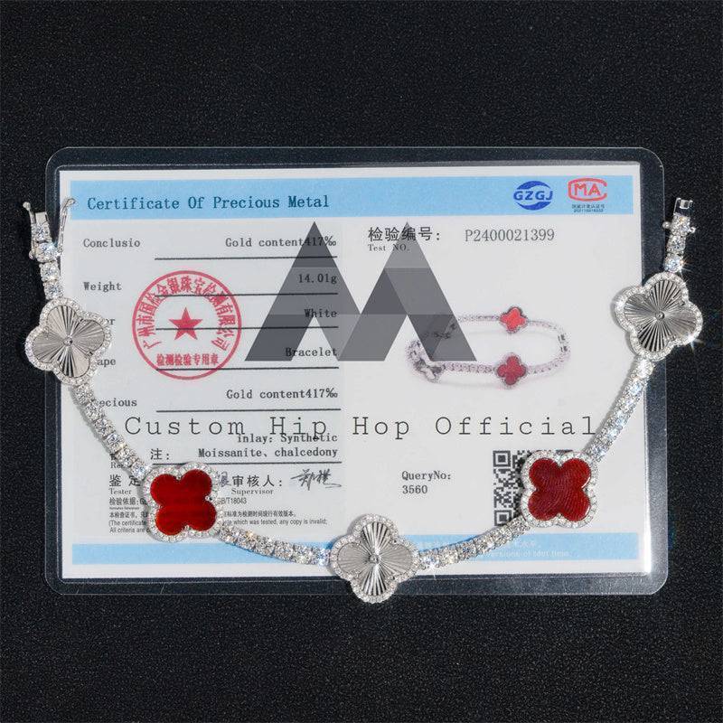 3MM Solid 10K White Gold Clover Moissanite Tennis Bracelet with Red Agate Gemstone2