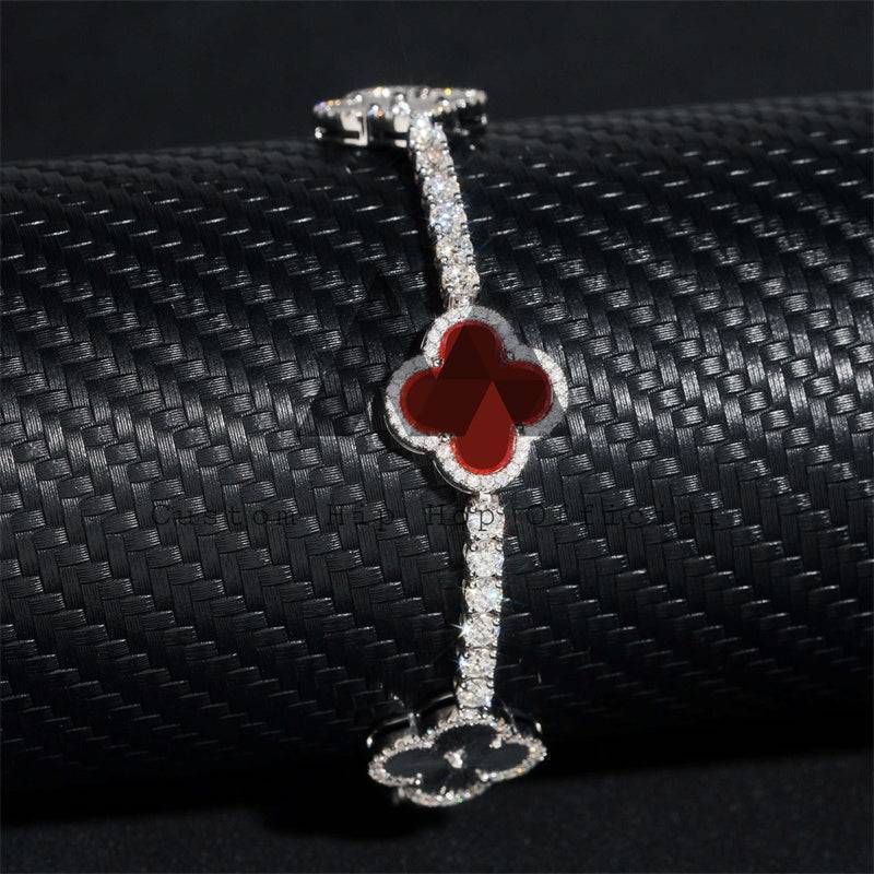 3MM Solid 10K White Gold Clover Moissanite Tennis Bracelet with Red Agate Gemstone7