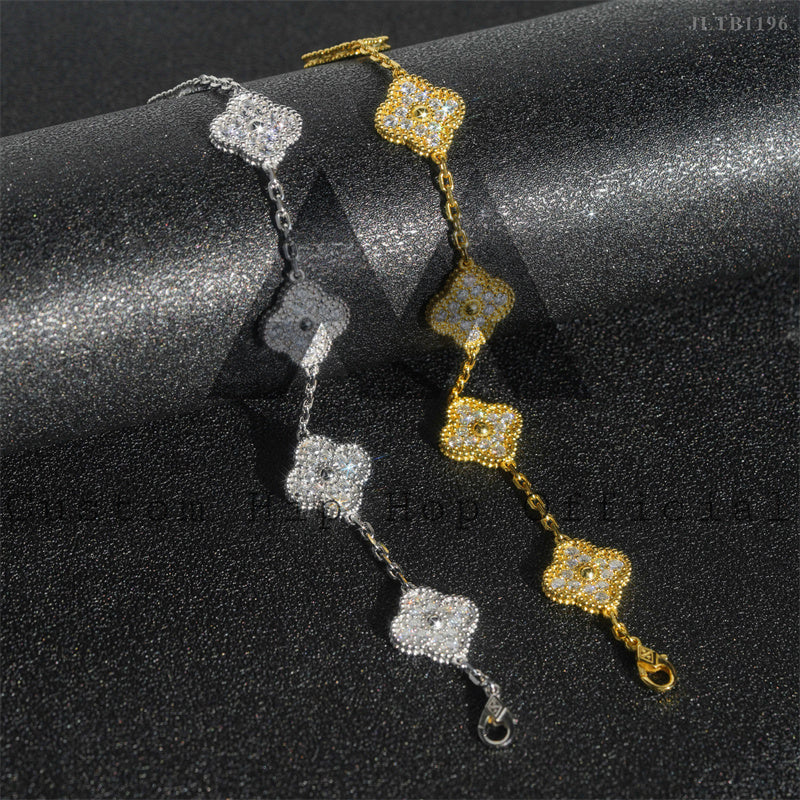 Stylish Sterling Silver 925 Moissanite Diamond Iced Out Clover Bracelet White Gold Yellow Gold
