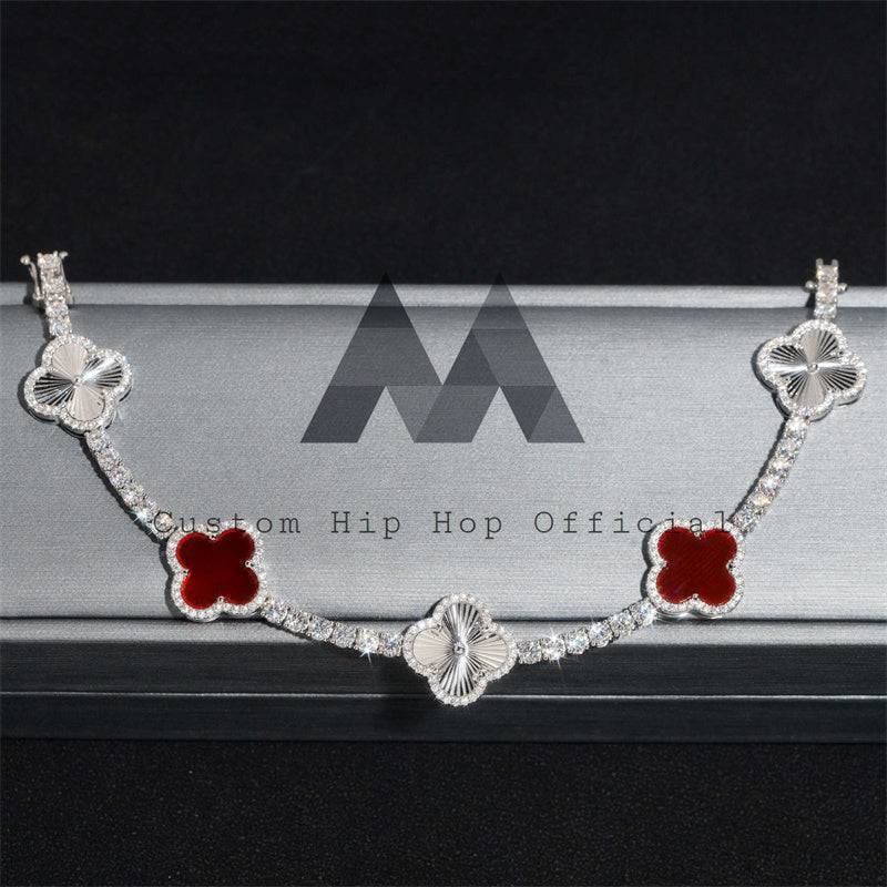 3MM Solid 10K White Gold Clover Moissanite Tennis Bracelet with Red Agate Gemstone1