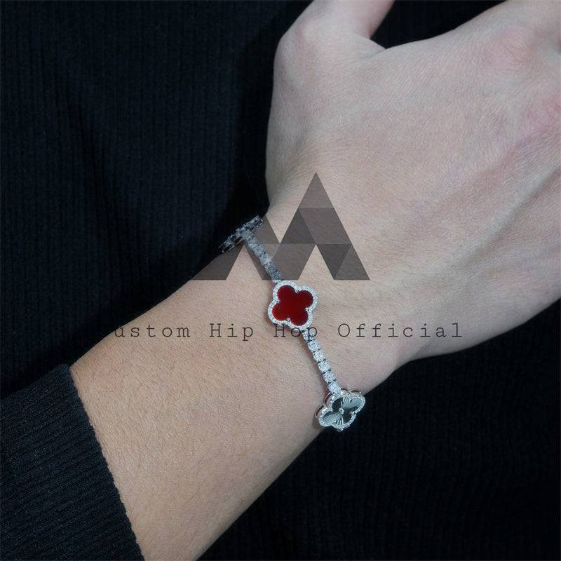 3MM Solid 10K White Gold Clover Moissanite Tennis Bracelet with Red Agate Gemstone5