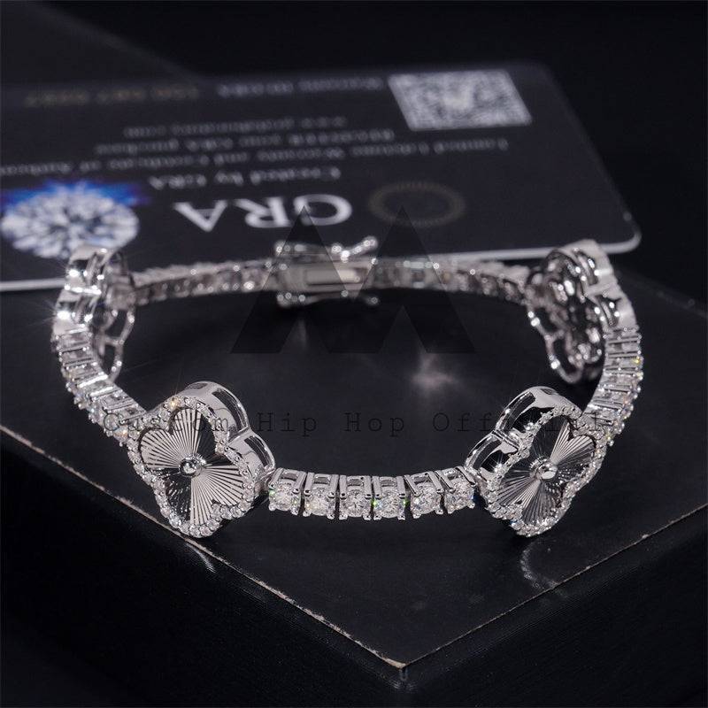 Sterling Silver Iced Out Men Jewelry 3MM Moissanite Tennis Clover Bracelet Pass Diamond Tester