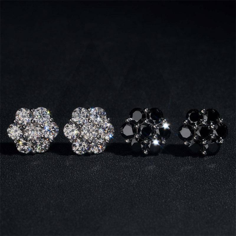 925 Sterling Silver Black Gold 15MM Black Moissanite Cluster Earrings Screw Back