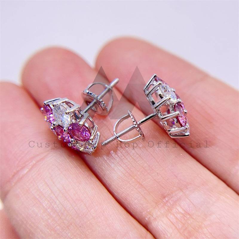 Iced Out Women And Men White Mix Pink Moissanite Cluster Earrings 12MM Screw Back