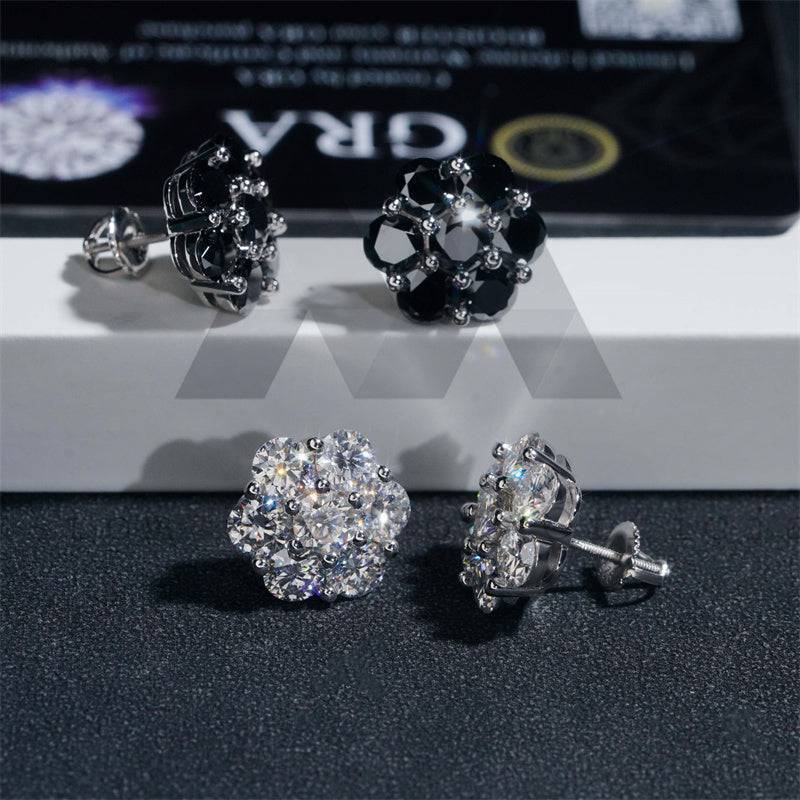 925 Sterling Silver Black Gold 15MM Black Moissanite Cluster Earrings Screw Back