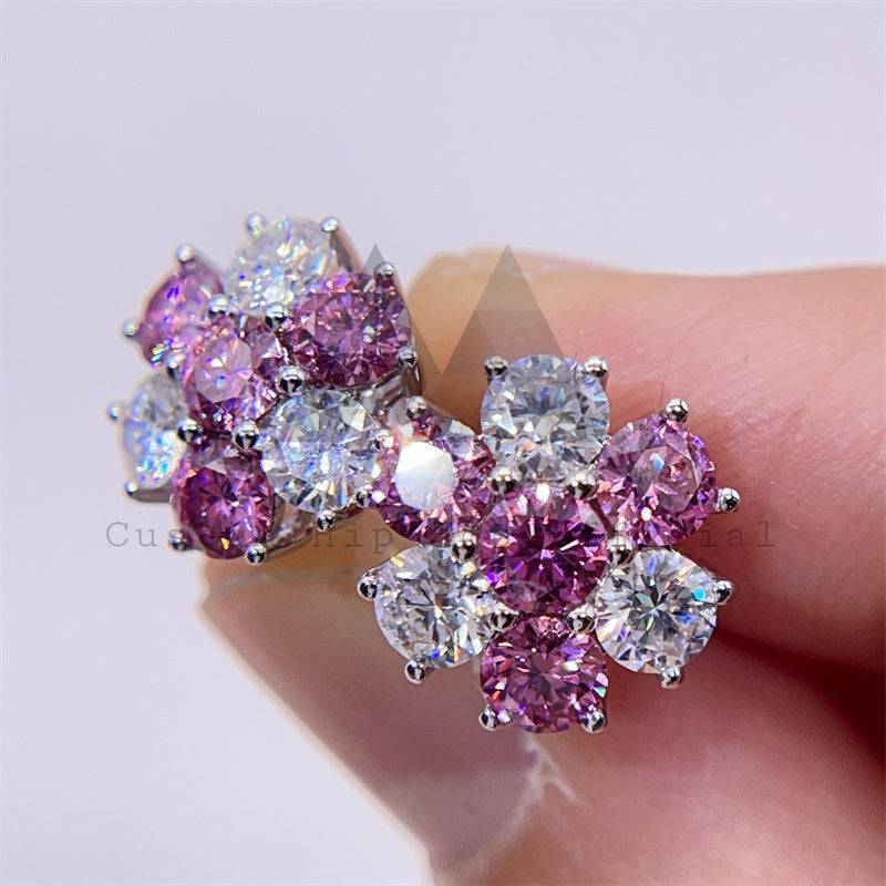 Iced Out Women And Men White Mix Pink Moissanite Cluster Earrings 12MM Screw Back