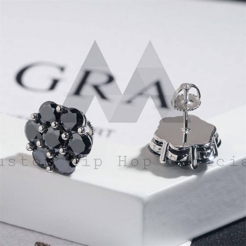 925 Sterling Silver Black Gold 15MM Black Moissanite Cluster Earrings Screw Back