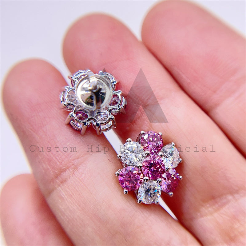 Iced Out Women And Men White Mix Pink Moissanite Cluster Earrings 12MM Screw Back