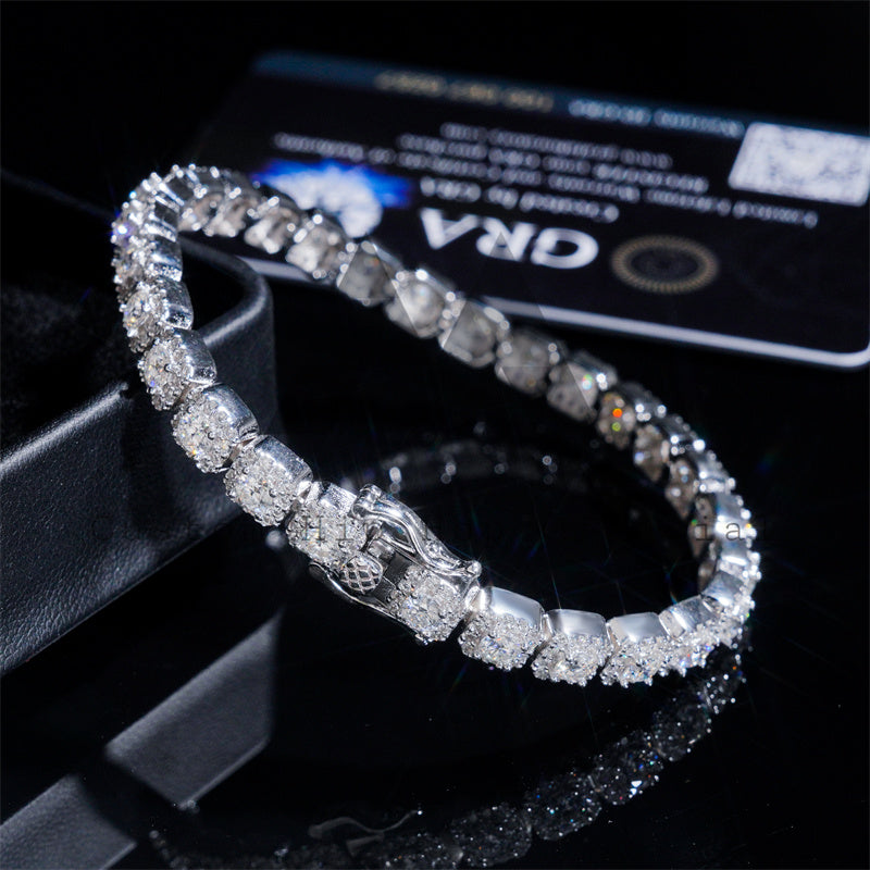 White Gold 925 Sterling Silver Men And Women 8MM Cluster Tennis Bracelet Halo Diamond Style