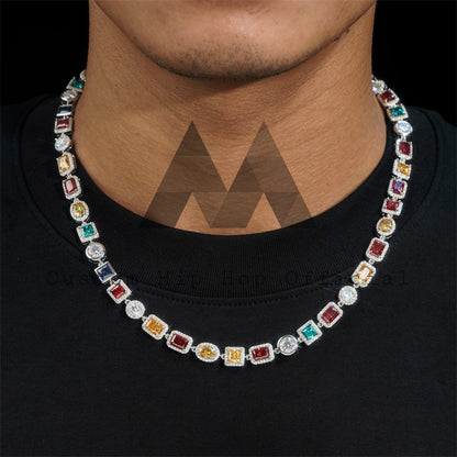 10MM Sterling Silver 925 Men New Fashion Colorful Jewelry Color Moissanite Cluster Tennis Chain Halo Style
