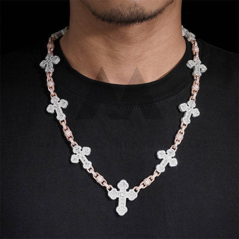 Rose Gold Two Tone Iced Out Moissanite Hip Hop 8MM Ball Cross Rosary Chain Necklace