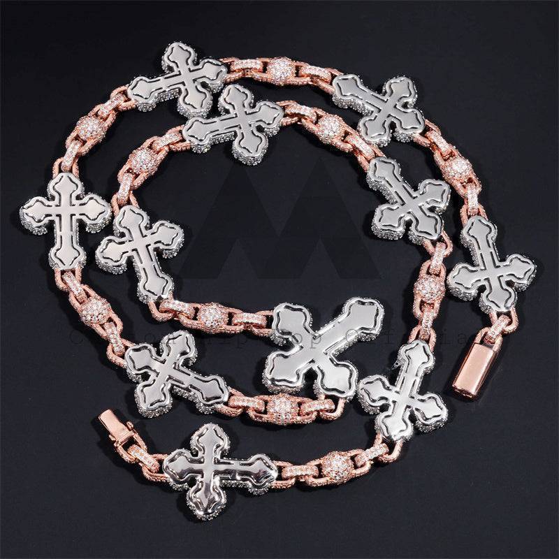 Rose Gold Two Tone Iced Out Moissanite Hip Hop 8MM Ball Cross Rosary Chain Necklace