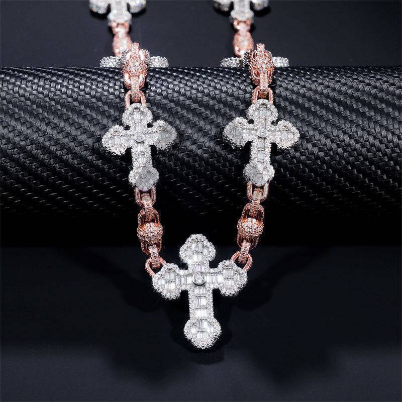 Rose Gold Two Tone Iced Out Moissanite Hip Hop 8MM Ball Cross Rosary Chain Necklace