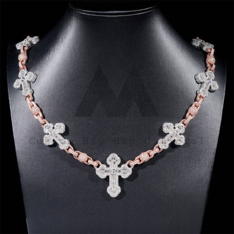 Rose Gold Two Tone Iced Out Moissanite Hip Hop 8MM Ball Cross Rosary Chain Necklace