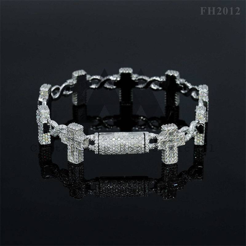 Rapper Jewelry Round Mix Baguette Moissanite Iced Out Cross Bracelet With Moissanite Diamond