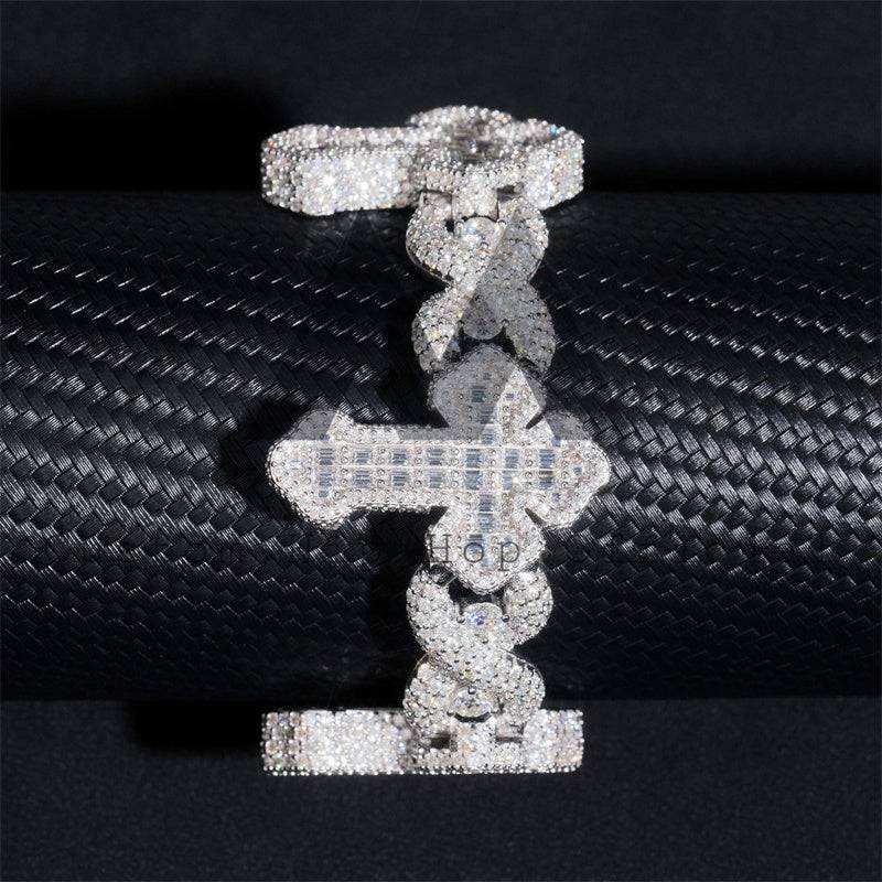 Hip hop jewelry featuring 20MM Moissanite Iced Out Cross Bracelet with Hip Hop Infinity Link