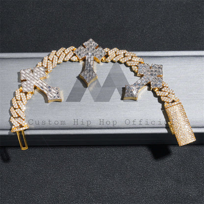 New Arrival Iced Out Moissanite 13MM Cuban Mix Baguette Cross Link Bracelet Tow Tone Color Rapper Jewelry