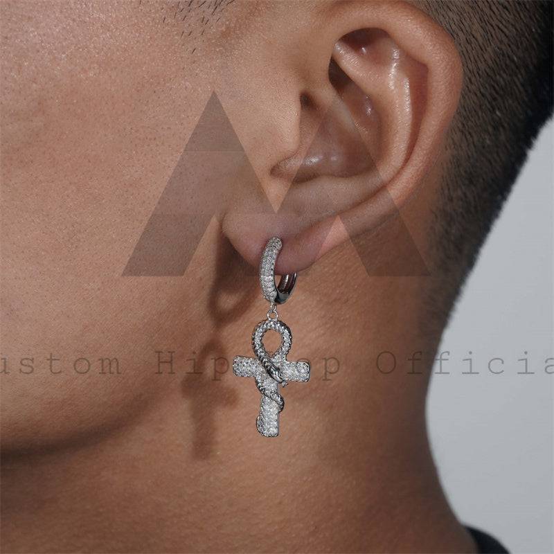 Men's Silver Iced Out Ankh Cross Hoop Earrings - Hip Hop Jewelry