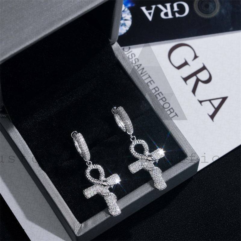 Men's Silver Iced Out Ankh Cross Hoop Earrings - Hip Hop Jewelry