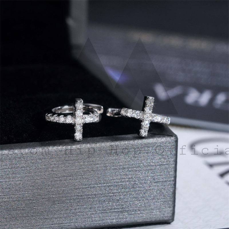 Iced Out Hip Hop 925 Sterling Silver Cross Hoop Earrings Moissanite Diamonds