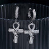 Men's Silver Iced Out Ankh Cross Hoop Earrings - Hip Hop Jewelry