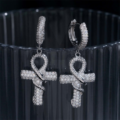 Iced Out 925 Sterling Silver Snake Ankh Cross Hoop Moissanite Earrings For Men