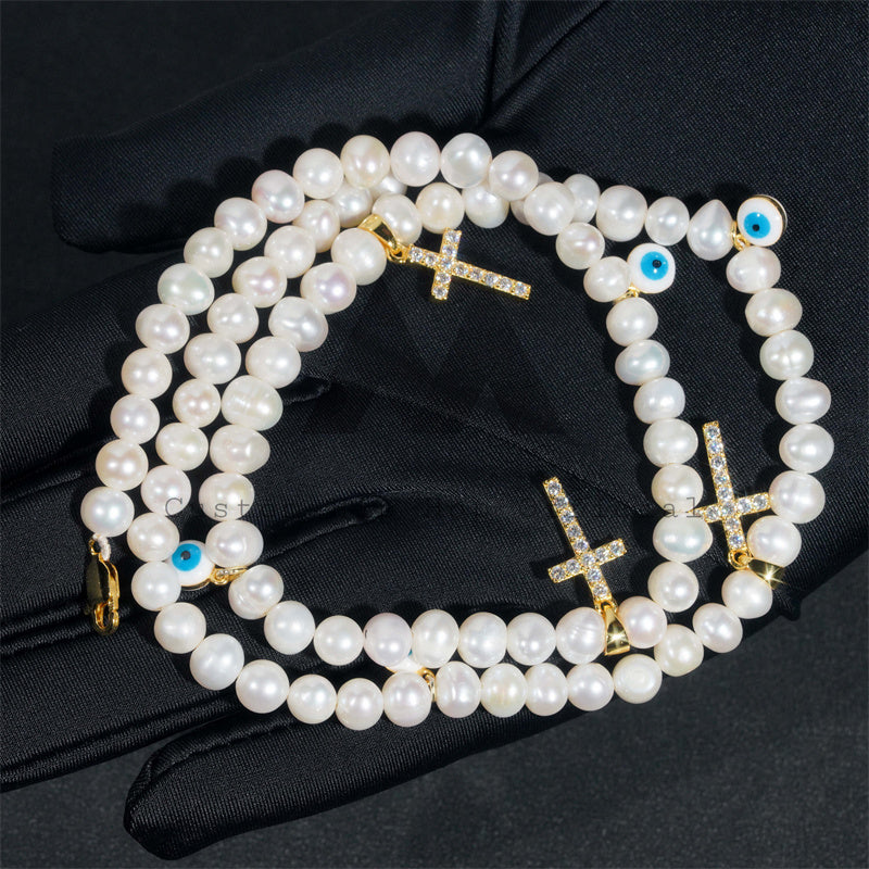 Gold Plated Moissanite 8MM Fresh Water Pearls Necklace With Evil Eye And Cross Charm
