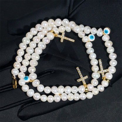 Gold Plated Moissanite 8MM Fresh Water Pearls Necklace With Evil Eye And Cross Charm