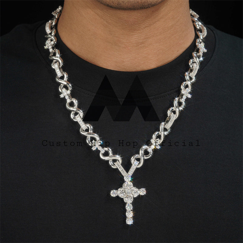 Hip hop iced out 925 prata esterlina 13mm corrente de ligação infinita com pingente de cruz baguette mix redondo diamantes de moissanite