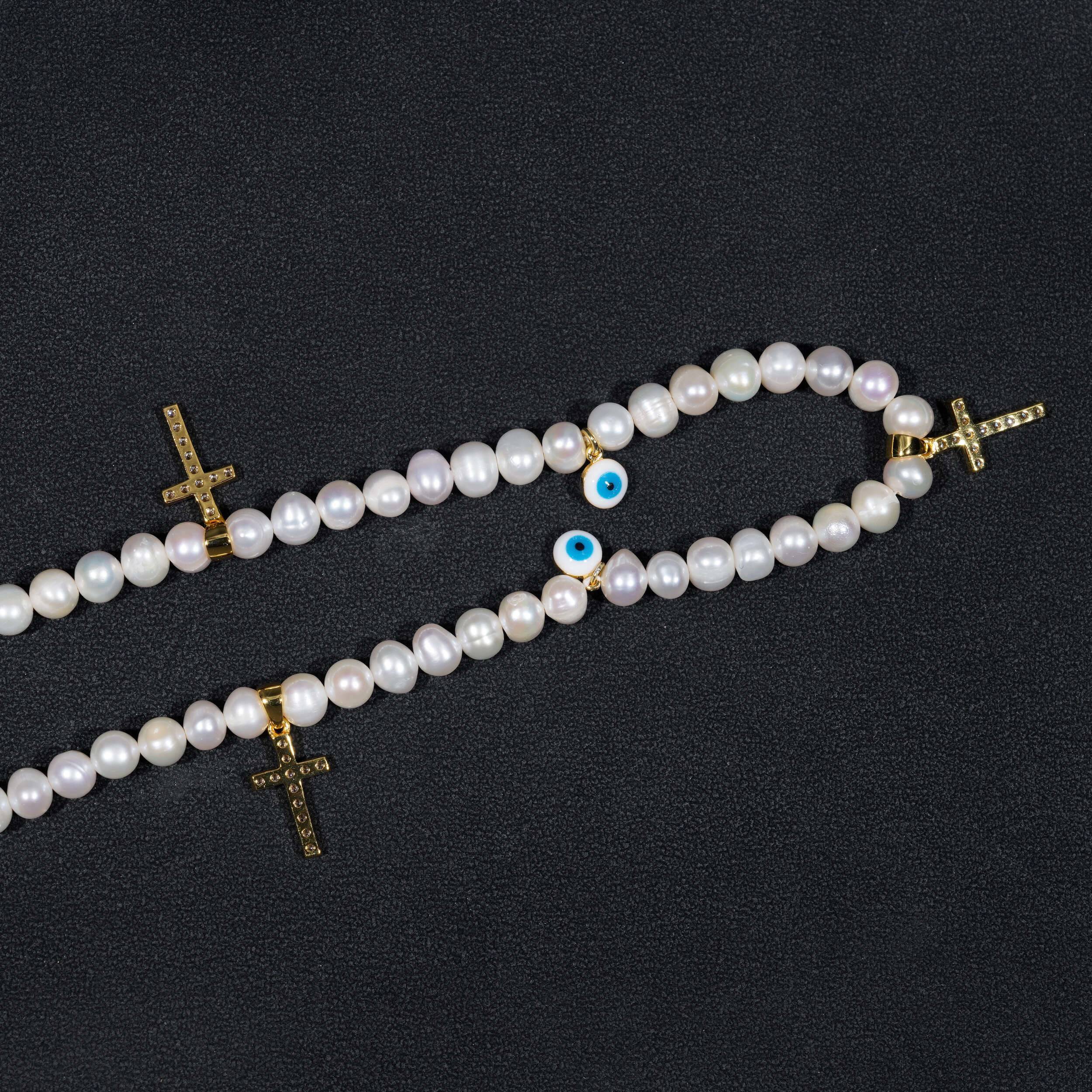 Gold Plated Moissanite 8MM Fresh Water Pearls Necklace With Evil Eye And Cross Charm