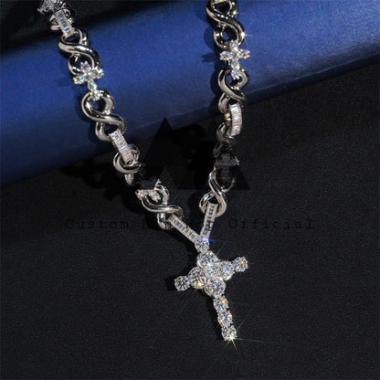 Hip Hop Iced Out 925 Sterling Silver 13MM Infinity Link Chain With Cross Charm Baguette Mix Round Moissanite Diamonds