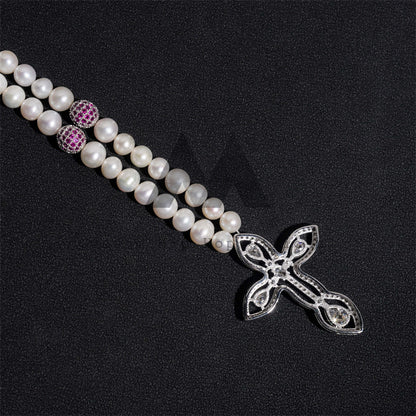 8MM Pearl Neckalce Iced Out Moissanite Cross Charm Pearl Necklace With Red Cubic Zirconia Disc Ball Chain