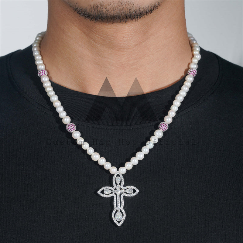 8MM Pearl Neckalce Iced Out Moissanite Cross Charm Pearl Necklace With Red Cubic Zirconia Disc Ball Chain