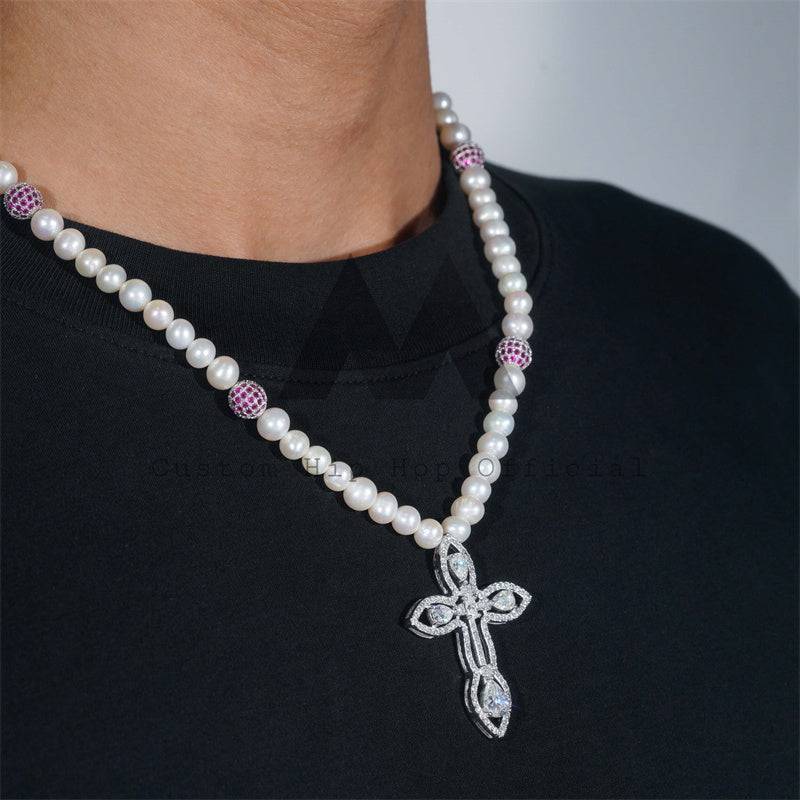 8MM Pearl Neckalce Iced Out Moissanite Cross Charm Pearl Necklace With Red Cubic Zirconia Disc Ball Chain