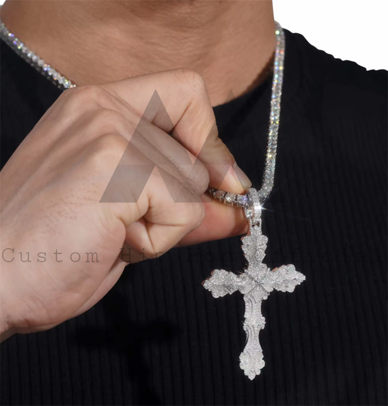 Rapper Jewelry Solid Silver Moissanite Iced Out Cross Pendant Fit For 4mm Tennis Chain