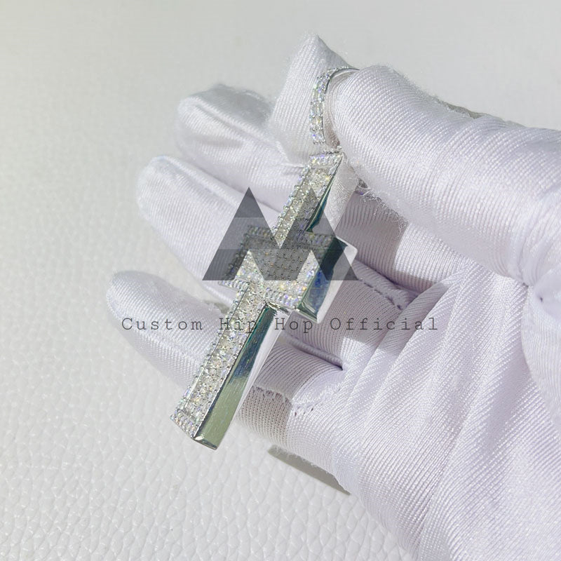 VVS Moissanite Baguette Mix redondo 2,5" pingente de cruz de prata sólida adequado para corrente de tênis de 4 mm
