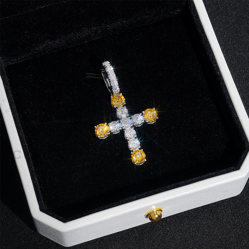 Solid Silver 1.6 Inch Tall VVS Moissanite Yellow Mix White Cross Pendant Fit For 4MM Tennis Chain