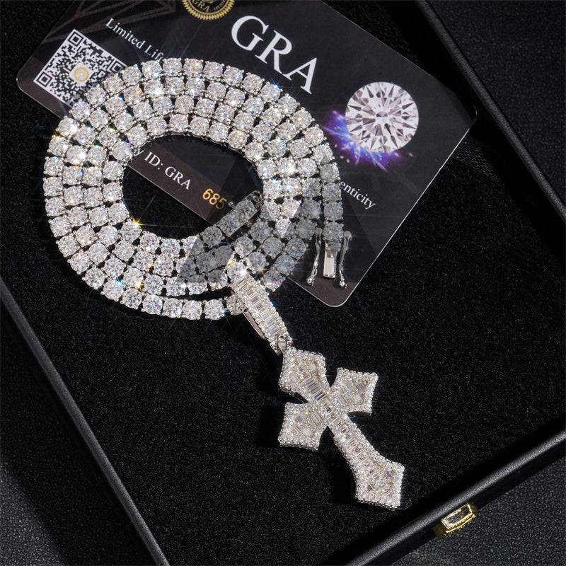 White Gold Sterling Silver 925 Iced Out Rapper Jewelry Baguette Cut Moissanite Cross Pendant Fit For 4MM Tennis Chain