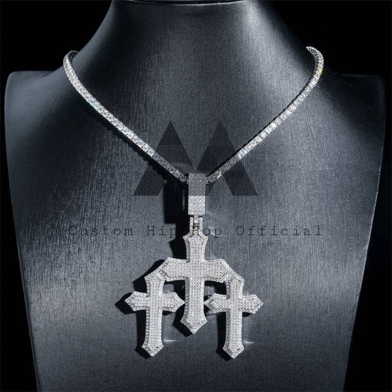 Hip hop jewelry featuring Three Cross Pendant with Iced Out Moissanite Diamonds that Pass Diamond Tester1